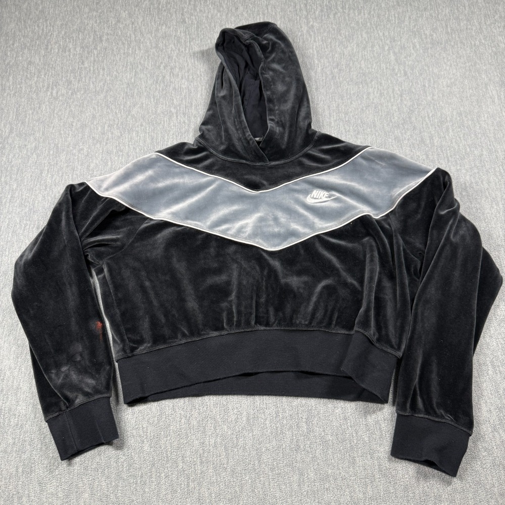 Nike‎ Hoodie Womens Large Black Velour Chevron Cropped Pullover Sweatshirt - Picture 1 of 8